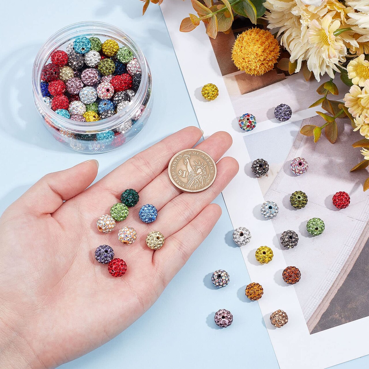 100 Pieces 10mm Crystal Beads Rhinestones Beads Pave Disco Ball Beads Mixed Color Polymer Clay Diamond Round Beads for Summer Bling Pen Bracelet Necklace Earring Jewelry Making Christmas